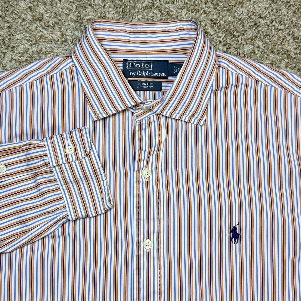 Polo Ralph Lauren Stanton Mens L Blue Orange Striped Custom Fit Button Up Shirt